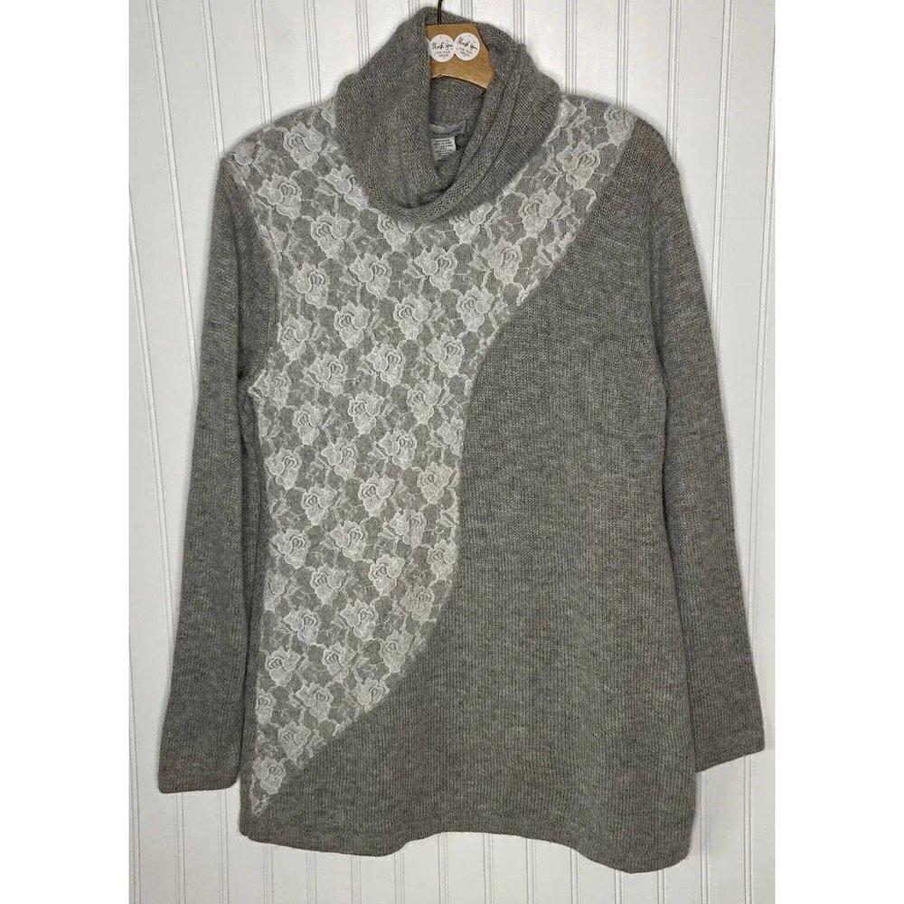 Soft Surroundings Womenโs Medium Whiteโ Lace Gray Wool Blend Tunic Sweater Top